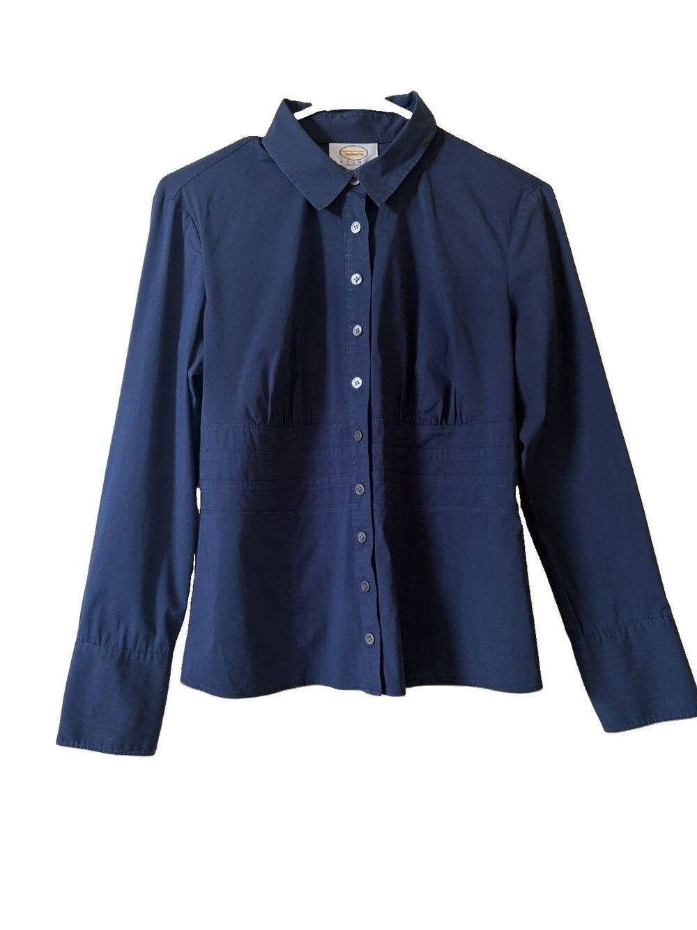 Vintage Talbots Blouse 10 Button Front Tailored Fit Stretch Minimalist Navy Blue